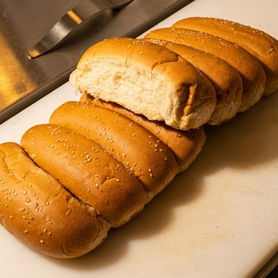 Rows of golden sesame-seed sandwich buns arranged on a white cutting board in a commercial kitchen.