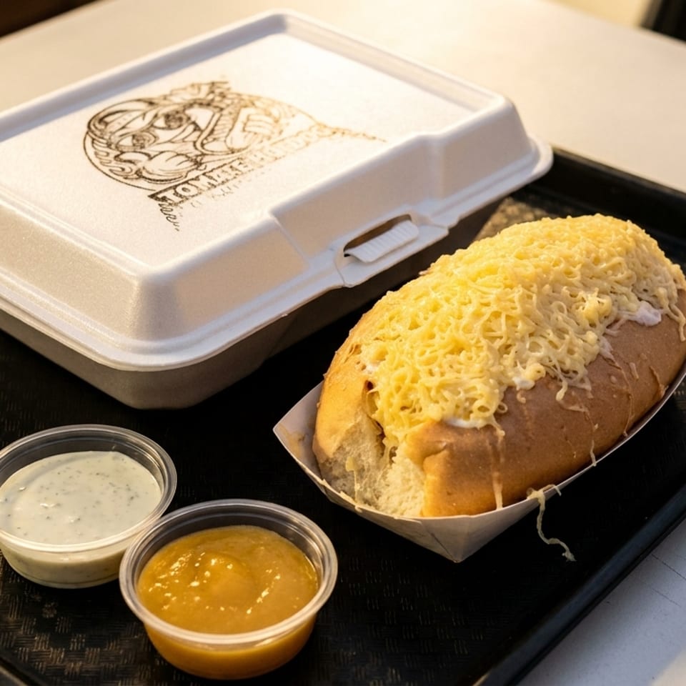 Loaded baked potato topped with shredded cheese, served with two dipping sauces and a takeout container on a black tray.