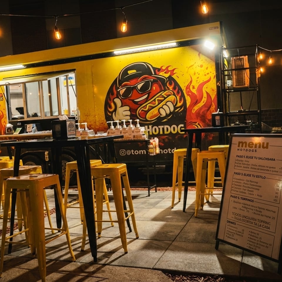 Yellow hot dog food truck with flaming cartoon mascot, outdoor counter seating, string lights, and a standing menu board at night.